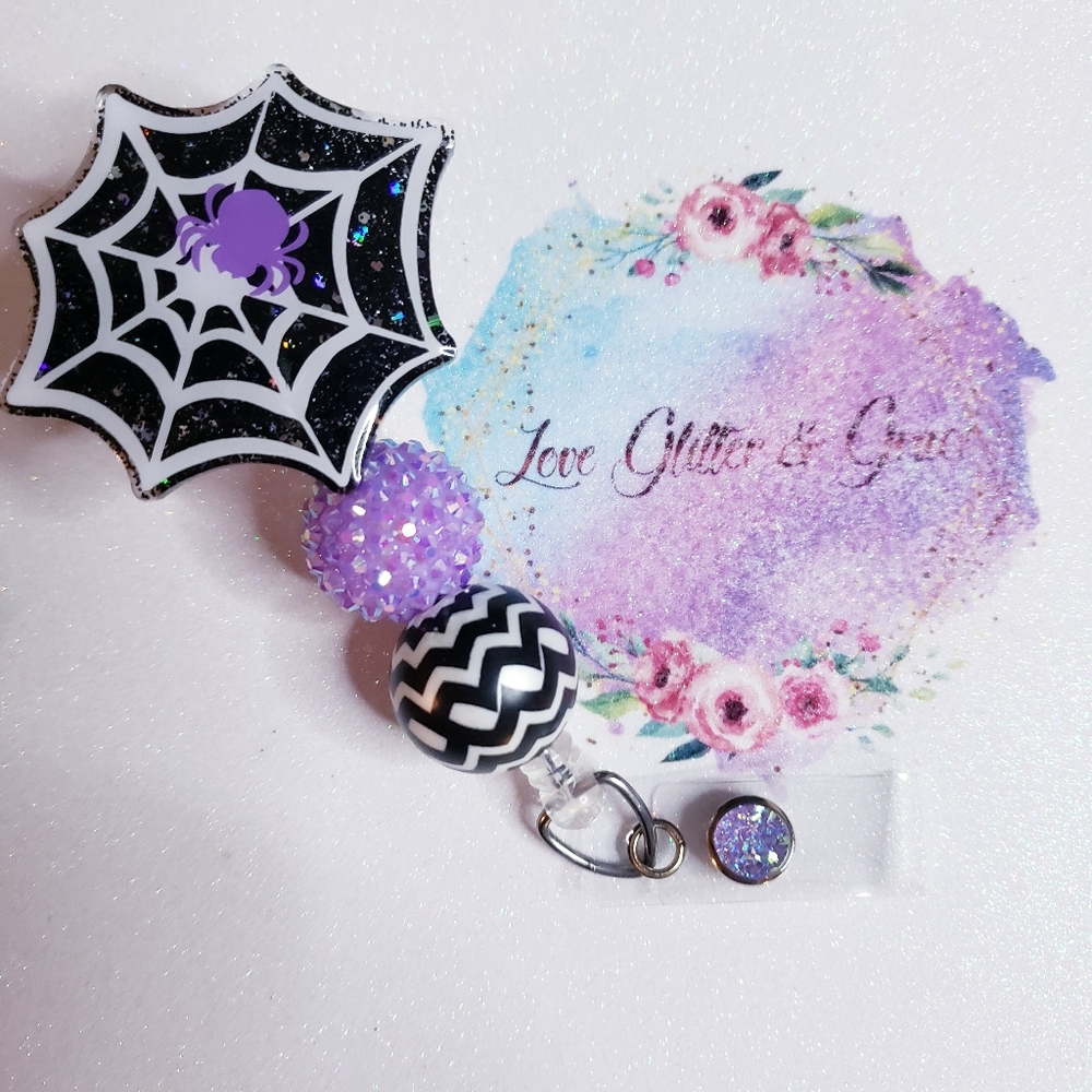 Halloween badge reel, spiderweb, nurse, healthcare, purple spider